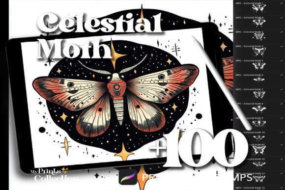 100 Procreate Celestial Moth Stamps