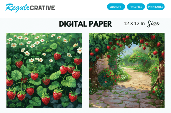 Digital Paper Strawberry Garden Pattern for Creators