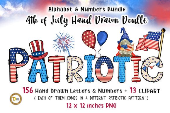 Patriotic Hand Drawn Doodle Alphabet for Creative Projects