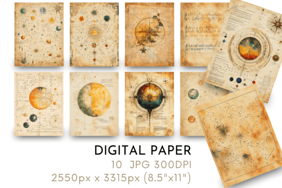 Planets Astrology Vintage Digital Paper: Elevating Your Creative Projects with Celestial Charm