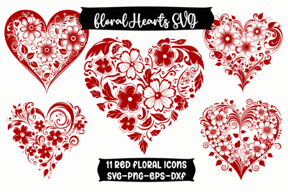 Red Floral Hearts SVG Icons Set for Valentine Projects