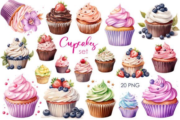 Set of Cupcakes Sublimation PNG Clipart: Elevating Digital Creations with Watercolor Artistry