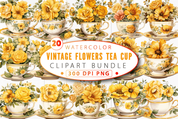 Vintage Flowers Yellow Tea Cup Clipart for Elegant Designs